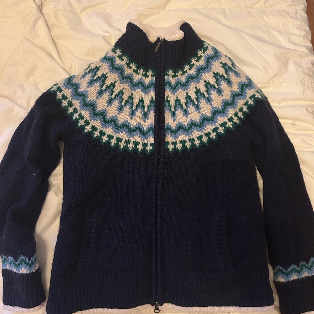 L.L. Bean Cream and Navy Fleece-Lined Wool Sweater Jacket